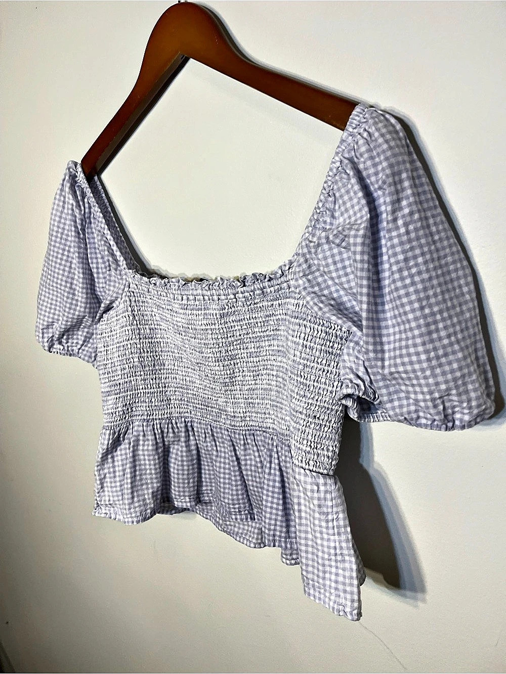 J.Crew Smocked Gingham Peplum Top Crop Top in Purple & White Medium